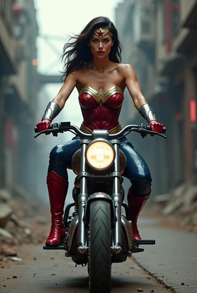 A beautiful woman Adriana Lima under the mantle of the Amazon warrior Wonder Woman red corset and navy blue pants with silver metal diaema scales with a red star on her forehead long red boots up to her knees this beautiful woman is on a high-cylinder futuristic motorcycle through the streets of an Apocalyptic city