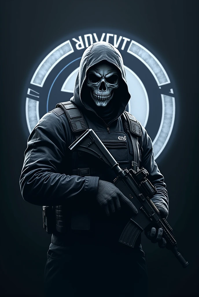 Make me a logo where Ghost from Call of Duty appears and on the back it says Orion