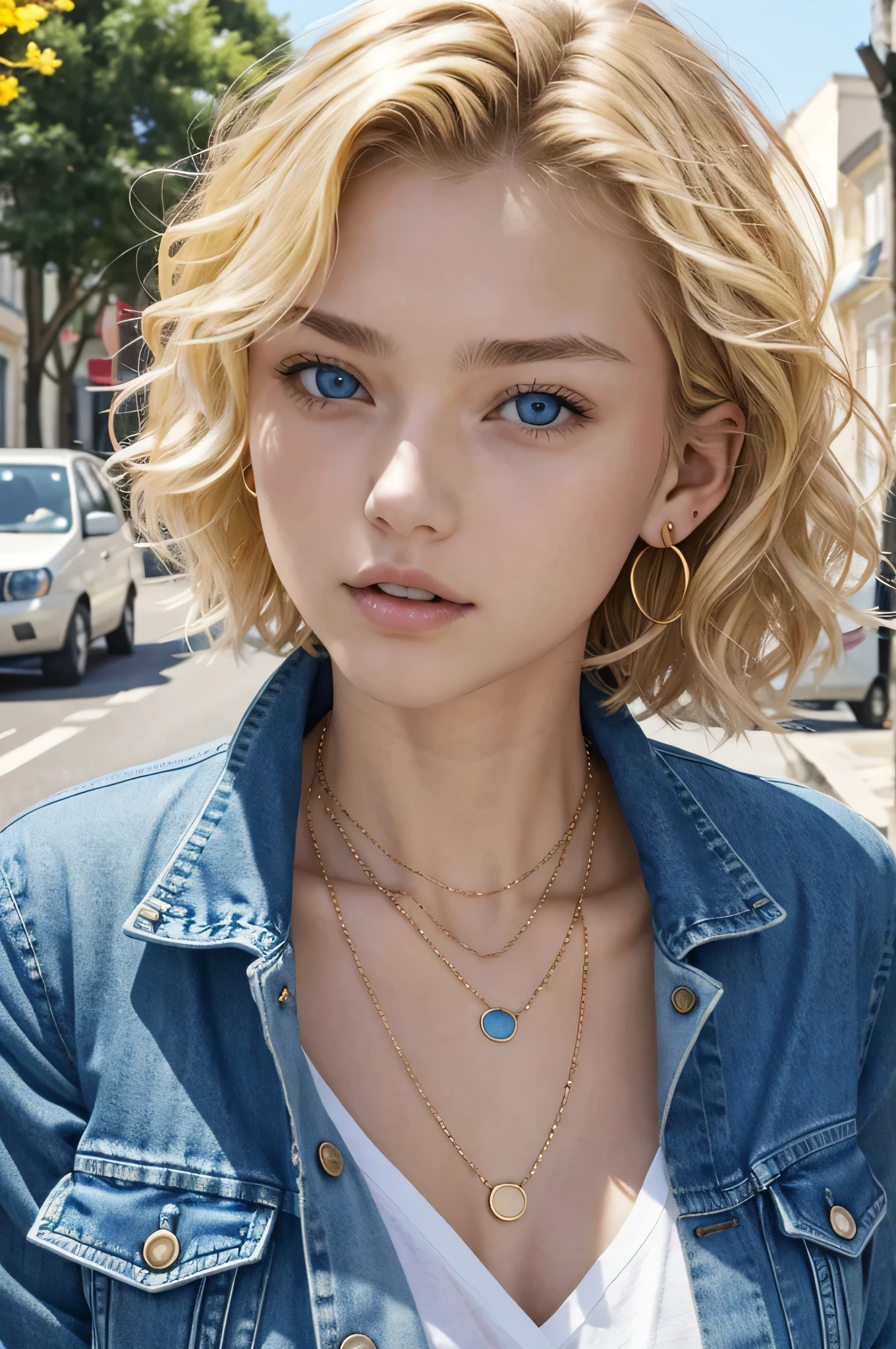Blonde Caucasian Woman、, Wavy Hair、Short Haircut、, blue eyes,、Open your mouth a little、Denim jacket、shirt、Ear piercing、necklace、、The background is a town street