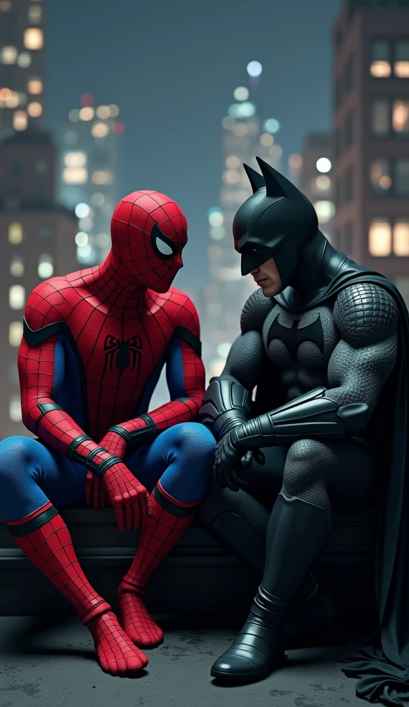 "Create a highly realistic image of Spider-Man and Batman sitting together on a rooftop at night. Spider-Man should be depicted in his detailed, red and blue suit, with his iconic webbing pattern. Batman should be portrayed in his dark, armored suit with the bat symbol clearly visible. The background should feature a realistic cityscape with detailed buildings and a night sky, creating a dramatic and dynamic atmosphere."