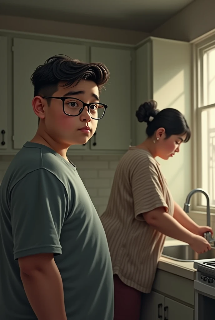 Make a fat guy about 20 years old, with glasses, a parted hair and a very serious face looking towards the screen with his equally chubby mother washing dishes with her back to him