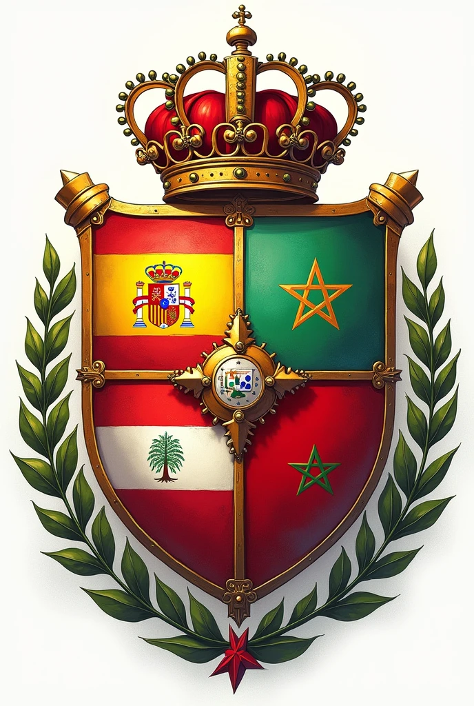 I need an illustration using four official flags! One from Spain, one from Portugal, one from Andorra and one from Morocco with a general travel theme in the shape of a coat of arms as if it were a mission!