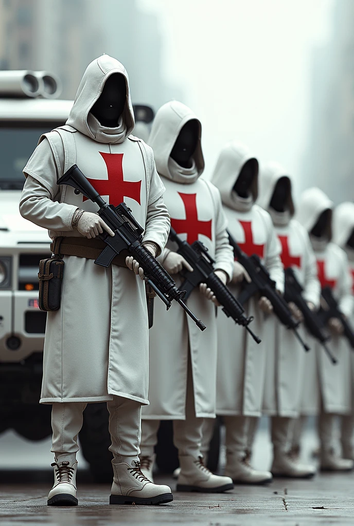 modern armed soldiers ,with white bulletproof vest with a red Templar cross painting, with templar hood , military boot a civil war white military armored vehicle with a red templar cross