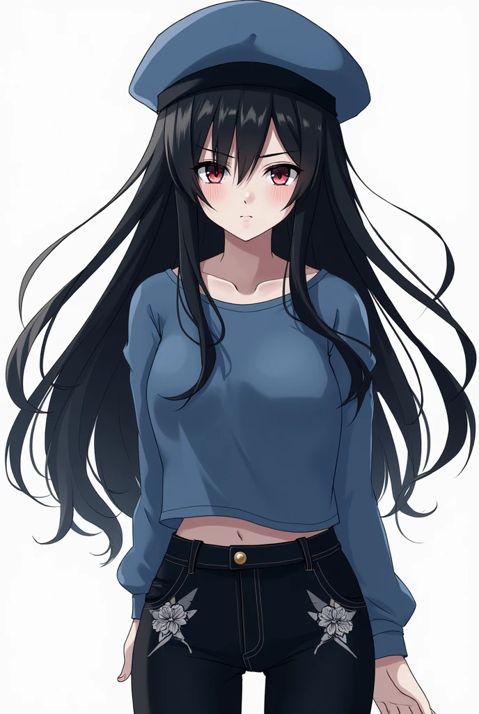 A girl with long black hair, white skin, a very serious face, a blue beret, a blue top and black anime-style pants
