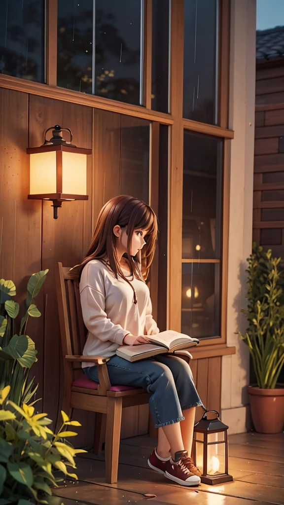 Make a picture of a beautiful girl in her 20s, casual, wearing earphones, sitting on a chair next to the window, reading a book with a lantern, outside the house in heavy rain. side view