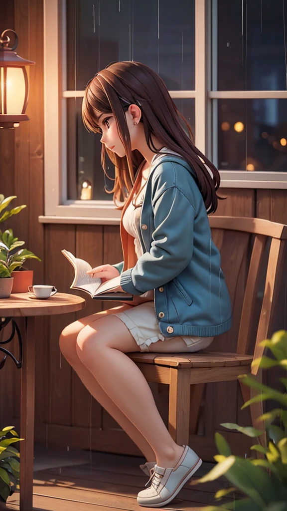 Make a picture of a beautiful girl in her 20s, casual, wearing earphones, sitting on a chair next to the window, reading a book with a lantern, outside the house in heavy rain. side view