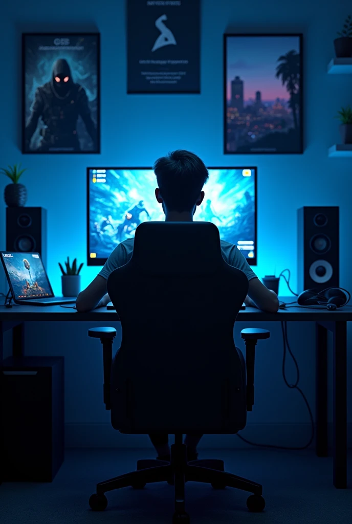 A 2 is facing a screen in a dark, immersive gamer room. The environment is illuminated by soft blue LEDs that highlight the gamer desk filled with equipment. The young man, in his gaming chair, is focused on the screen, with the glow reflecting on his face. The room is detailed with game posters, high-tech peripherals, and futuristic decor, creating an engaging atmosphere.