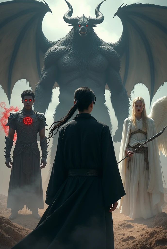 A young man with his back turned, with long hair tied in a ponytail and wearing black robes, He looks so relaxed despite the view in front of him, where several beings are seen that did not stop watching the young man very closely; Among these beings there was a humanoid demon with a red glow, a black dragon with a withering gaze, A giant in shining armor with a sinister smile, an extravagant elf with bow aiming at the young man and an angel with shining white wings on a battlefield