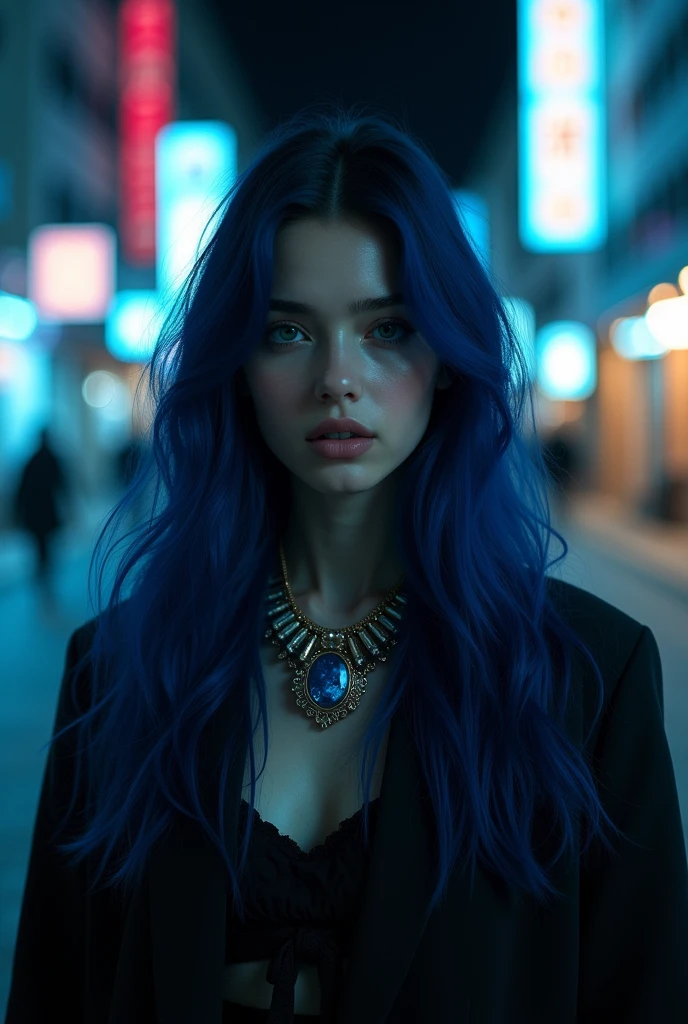 Panorama, First-person perspective, Twilight, Naturalism, HDR, Blue hour, Street photography, Fashion photography with a necklace "BLUEM".In the style of mafia look girl, long navy blue hair make the necklace big and readable make it a 3d realistic girl anime