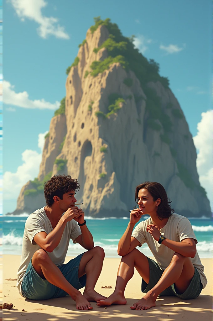 Two friends smoking cigarettes next to the pierced rock of Jericoacoara