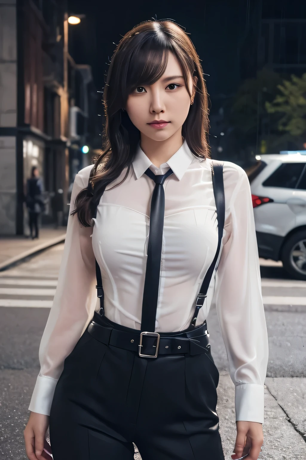 a woman in a suit, belt, hands behind back, sweating, suspenders, black pants, sexly, large breasts, see-through clothing, rain, detective, office worker, white button-up shirt, (best quality,4K,8k,highres,masterpiece:1.2),ultra-detailed,(realistic,photorealistic,photo-realistic:1.37),hyper-detailed,highly detailed face and body, Slender thin suspenders Moderate breasts See-through shirt Nipples holster chain Pistol Armament criminal Female criminal knife black mask sweat sweating See-through clothing