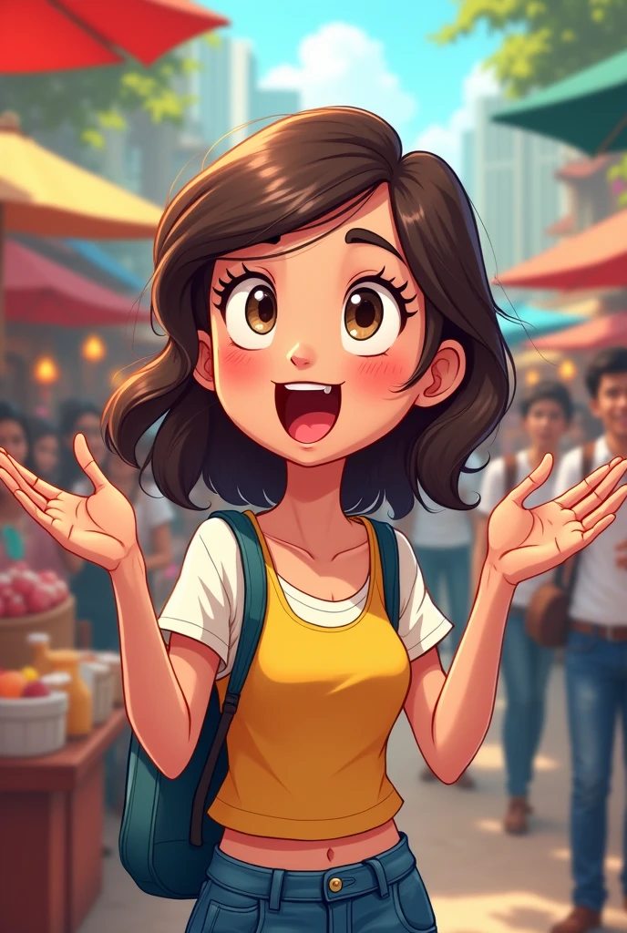 Girl shouting people to buy on her close up cartoon)