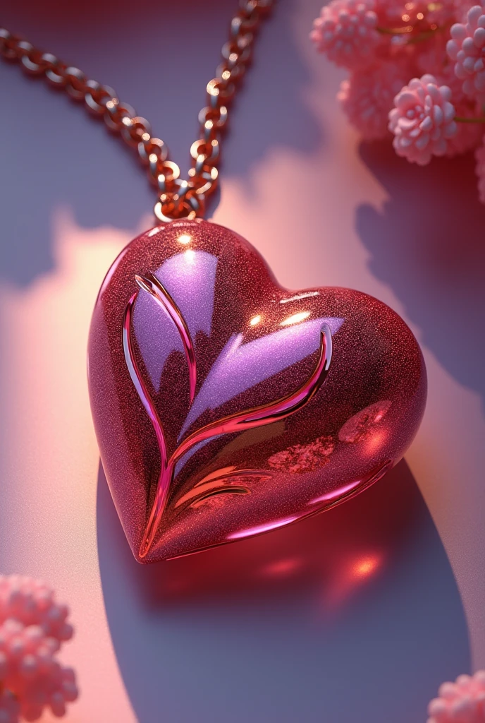 (3D unique necklace), elegant beautiful heart pendant, smooth curves and intricate detailing, shimmering metallic finish, soft shadows playing over the surface, vibrant color accents, ultra-detailed, luxurious, suitable for jewelry display, well-lit showcasing the craftsmanship, modern aesthetic, captivating design elements, premium visual quality, artful composition.