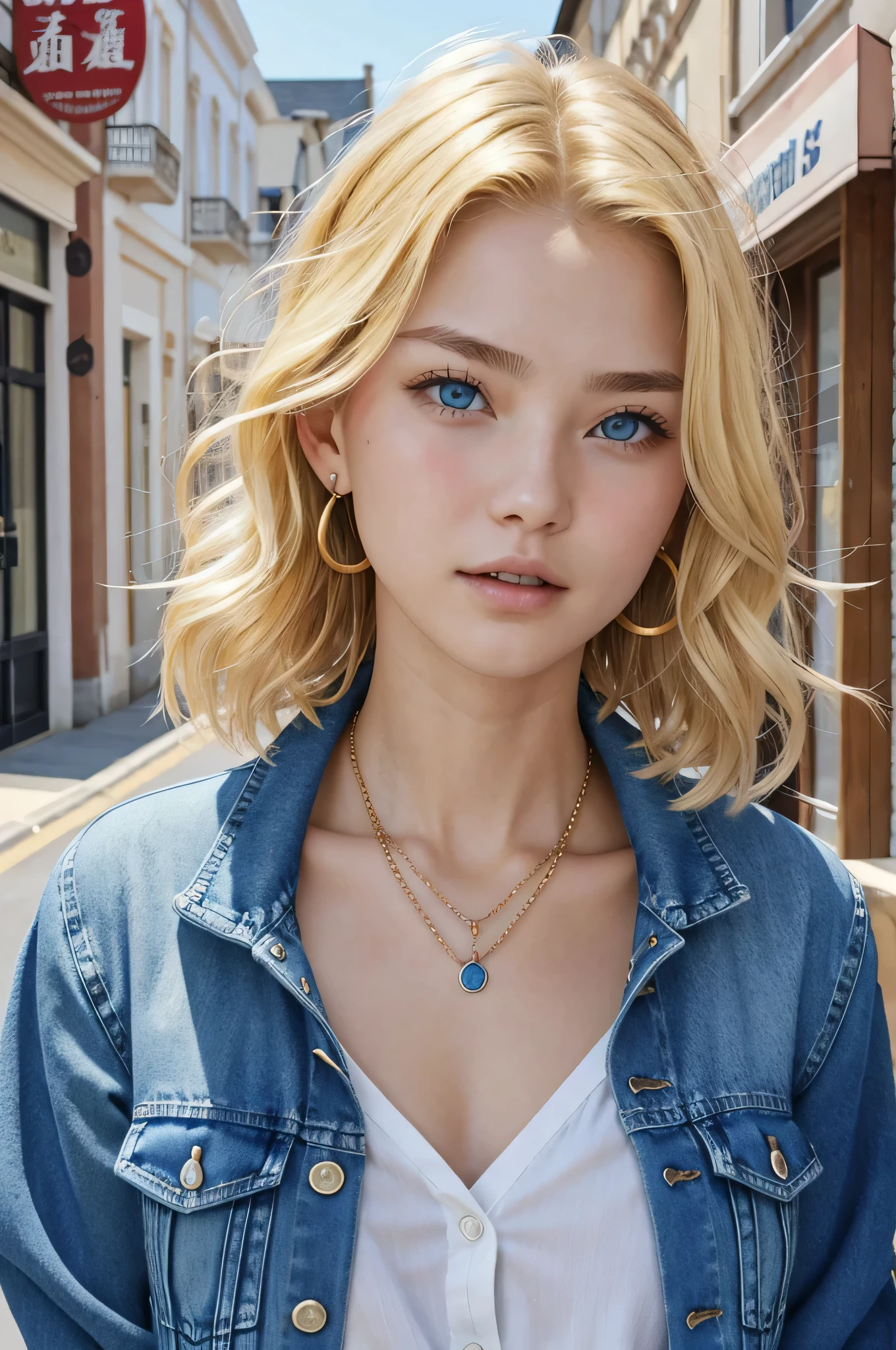 Blonde Caucasian Woman、, Wavy Hair、Short Haircut、, blue eyes,、Open your mouth a little、Denim jacket、shirt、Ear piercing、necklace、、The background is a town street
