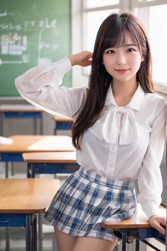 best quality, 8k, very delicate and beautiful, highly detailed face and skin texture, shiny skin, high resolution, sexy japanese girl in white shirt and short plaid skirt in classroom with smile, sharp focus