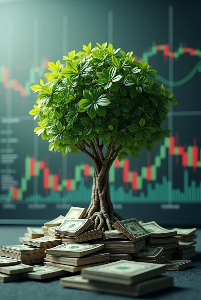 "Create an image depicting the concept of financial growth with a tree made of dollar bills growing from a stock chart. Include upward-trending lines and graphs, symbolizing successful investments and wealth accumulation."