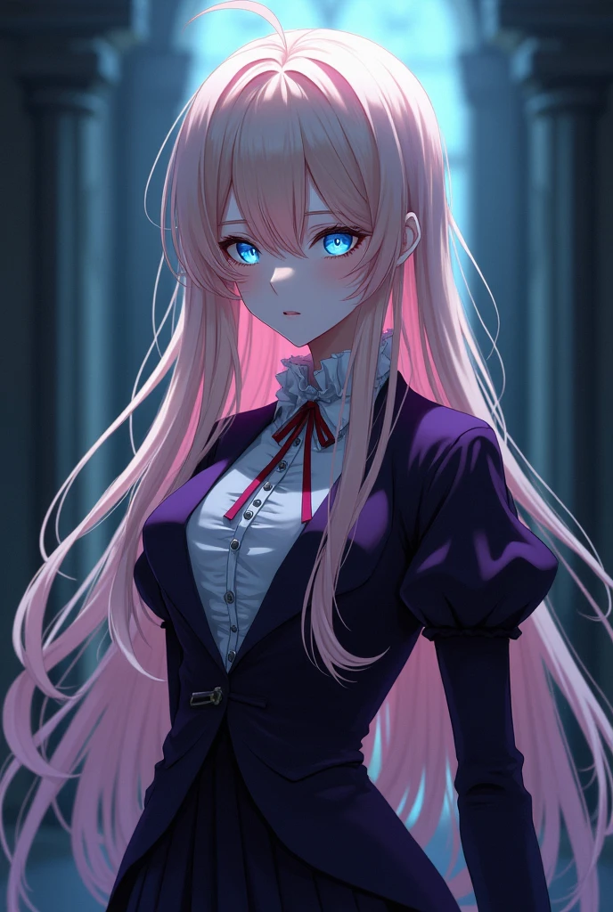 Make me an image with these characteristics for a character:
AGE: 90 years (youthful appearance of a teenager).Species: vampire.Appearance: Long blonde hair reaching down to the back, transparent and slanted blue eyes, with an androgynous and thin appearance. Wear gothic dresses, typical of gothic lolita style, which are usually colors like pink and white or black and violet. Her clothes and androgynous shape allow her to camouflage herself easily..
Character: strong, spontaneous, elegant, fussy and stubborn. Despite his immortal nature, maintains a youthful attitude.
Serious anime style.