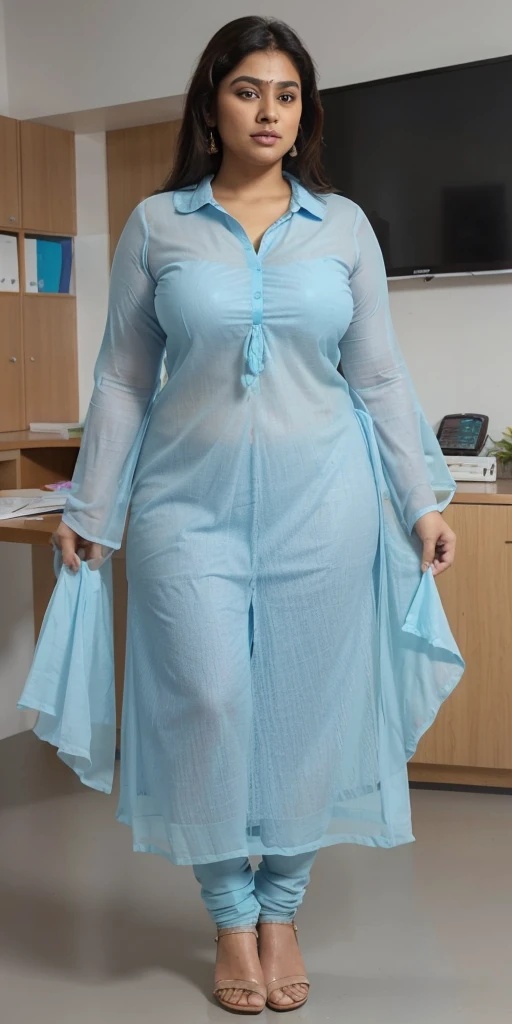 Day scene, A radiant, full-figured South Indian 3 aunty a light blue colour chiffon fully transparent kurta, bra visible through kurta, ,standing, in a office captured in a full-body image with vibrant hues and meticulous details. Full body image