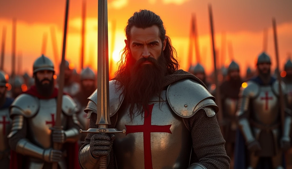 A highly realistic, high-contrast, 8K HD, detailed, hyper-detailed image of a large group of medieval knights in the desert at sunset, all holding swords and looking directly at the viewer. The central focus is on the protagonist from the provided image, with his distinctive rugged face, increased volume of dark hair, and intense expression, wearing steel armor with a red cross emblem. Surrounding him are numerous Crusaders, all in matching steel armor, their swords gleaming in the warm, golden light of the setting sun. The sky is ablaze with vibrant hues of orange and red, creating a dramatic and unyielding atmosphere. Ultra-high resolution, RAW photo quality, Unreal Engine rendering, capturing the power and unity of the Crusaders as they stand together, ready for battle.
