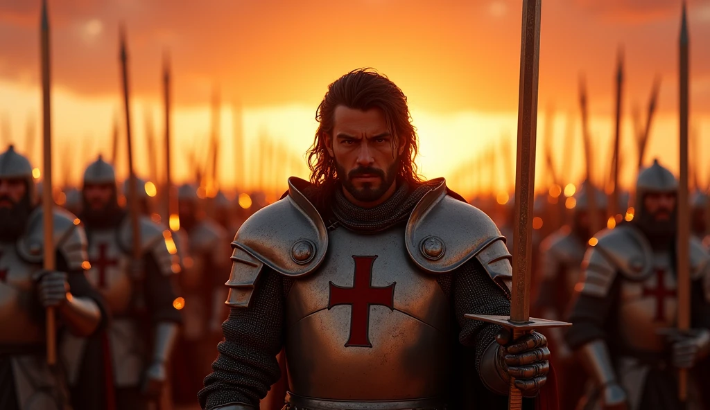 A highly realistic, high-contrast, 8K HD, detailed, hyper-detailed image of a large group of medieval knights in the desert at sunset, all holding swords and looking directly at the viewer. The central focus is on the protagonist from the provided image, with his distinctive rugged face, increased volume of dark hair, and intense expression, wearing steel armor with a red cross emblem. Surrounding him are numerous Crusaders, all in matching steel armor, their swords gleaming in the warm, golden light of the setting sun. The sky is ablaze with vibrant hues of orange and red, creating a dramatic and unyielding atmosphere. Ultra-high resolution, RAW photo quality, Unreal Engine rendering, capturing the power and unity of the Crusaders as they stand together, ready for battle.