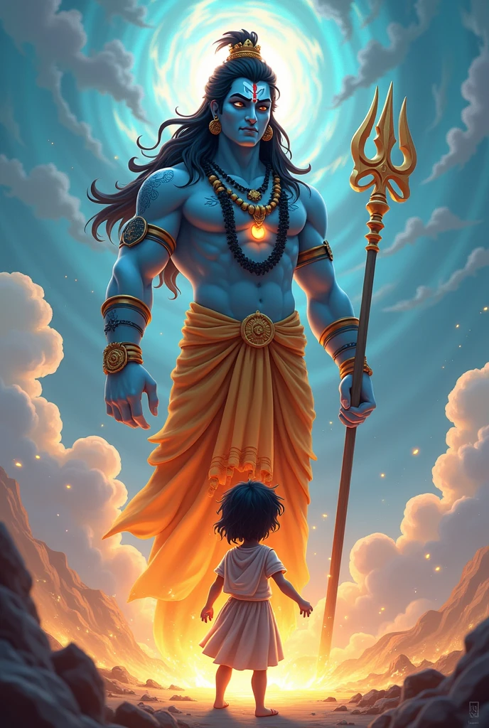 3d animation in cartoon style "भगवान शिव ने नाराज होकर बडे़ बालक का सिर आपने त्रिशूल से काट दिया, जिससे देवी पार्वती को बहुत दुख हुआ।"