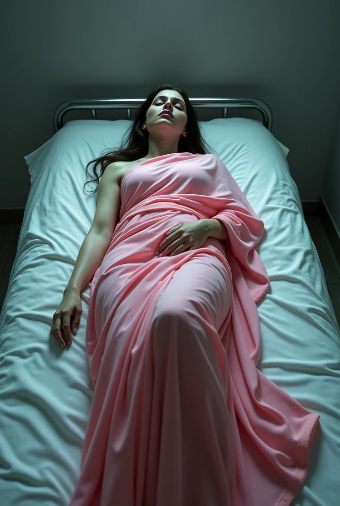 A womens dead body in a pink saree laying in a morgue bed
