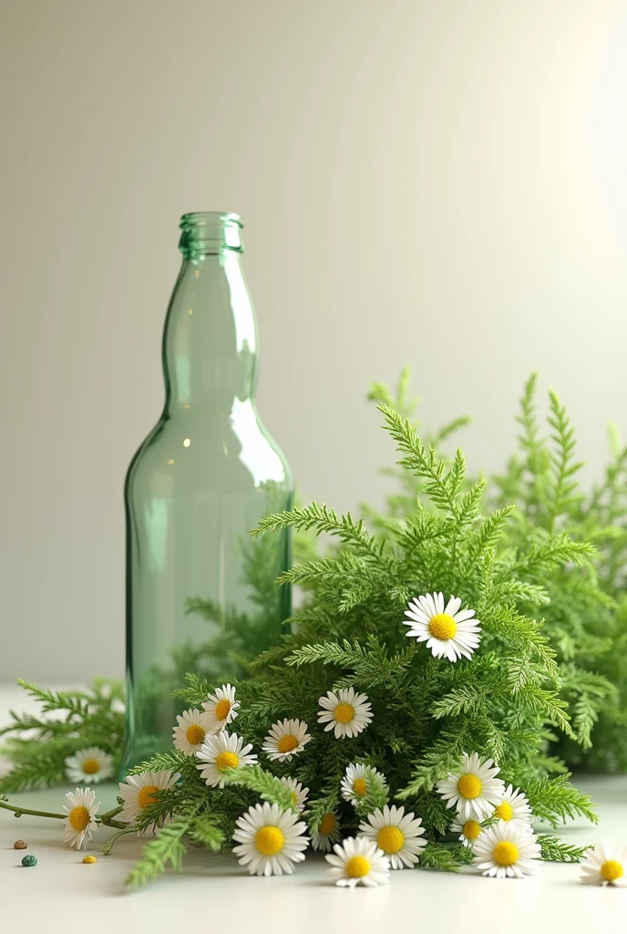 the green chamomile plant or bunch lying around without a vase and no details and an empty beer bottle without a lid without the amber cilor logo