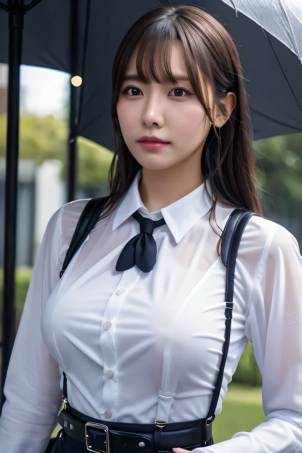 a woman in a suit, belt, hands behind back, sweating, suspenders, black pants, sexly, large breasts, see-through clothing, rain, detective, office worker, white button-up shirt, (best quality,4K,8k,highres,masterpiece:1.2),ultra-detailed,(realistic,photorealistic,photo-realistic:1.37),hyper-detailed,highly detailed face and body, slender thin suspenders Large Breasts See-through shirt Nipples