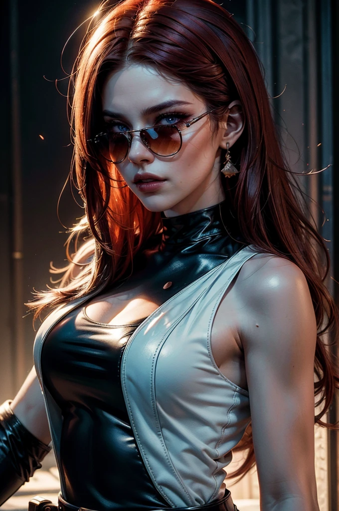 a beautiful young woman with long red hair, detailed facial features, wearing high quality black leather pants, a formal white sleeveless top with cleavage, a white fur coat on her shoulders, red shaded sunglasses, surrounded by excited fangirls, (best quality,4k,8k,highres,masterpiece:1.2),ultra-detailed,(realistic,photorealistic,photo-realistic:1.37),high fashion,editorial,dramatic lighting,cinematic,vivid colors,intricate details