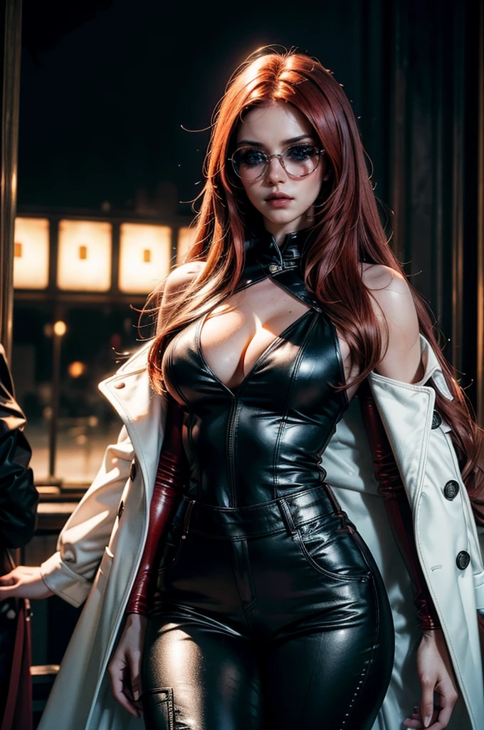 a beautiful young woman with long red hair, detailed facial features, wearing high quality black leather pants, a formal white sleeveless top with cleavage, a white fur coat on her shoulders, red shaded sunglasses, surrounded by excited fangirls, (best quality,4k,8k,highres,masterpiece:1.2),ultra-detailed,(realistic,photorealistic,photo-realistic:1.37),high fashion,editorial,dramatic lighting,cinematic,vivid colors,intricate details