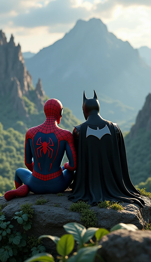 "Create a highly realistic image of Spider-Man and Batman sitting together on a mountain overlooking a dense jungle. Spider-Man should be depicted in his detailed red and blue suit with webbing, while Batman should be shown in his dark, armored suit with the bat symbol. Both should be in a relaxed yet vigilant pose, with the lush, green jungle visible below them. The background should feature a dramatic mountain landscape with detailed rock formations and a vivid sky, enhancing the scene's depth and atmosphere."