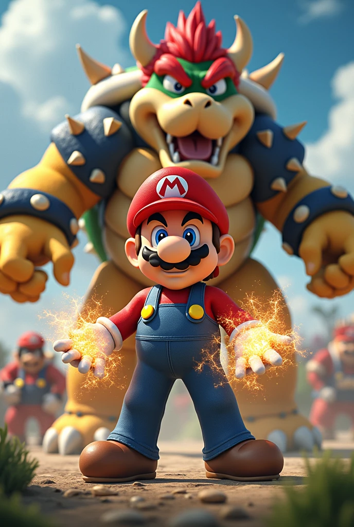 Mario Bros in a frog suit with power in his hands with anger in his eyes and desire for revenge fighting alongside Wario, against bowser and many minions saving princess peach 