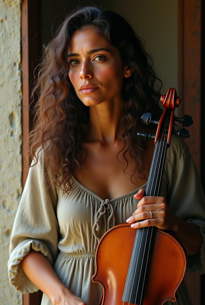 Middle size latin  women, with long brown  curly hair, wearing an old dress and carrying a wooden fedle
