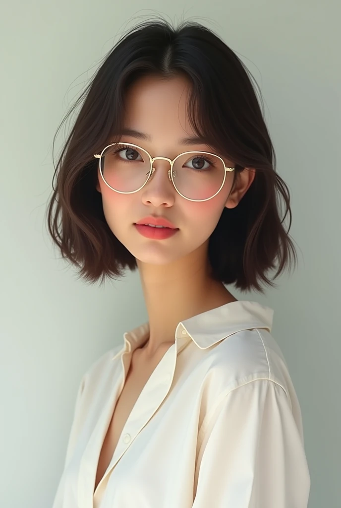 Unap skinny girl, wearing white blouse, of wheat tea, of mixed-race-white features, height 1.50 with dark brown straight hair, not so long, not so short, with round lenses.