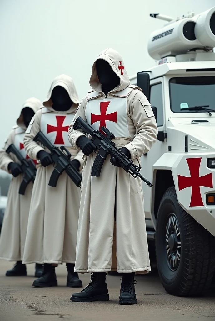 modern armed soldiers ,with white bulletproof vest with a red Templar cross painting, with templar hood , military boot a civil war white military armored vehicle with a red templar cross