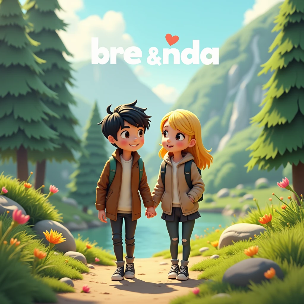 couple in outdoor, black hair male, blonde hair female, jacket and backpack, nature theme, a text written BRE & NDA, 3d cartoon, fantasy art, masterpiece, high definition, extreme detail, cinematic lighting, 4K