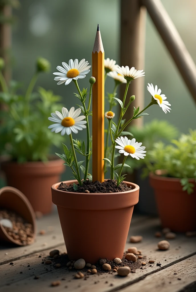 A pencil that is buried in a flowerpot and a chamomile plant comes out of it