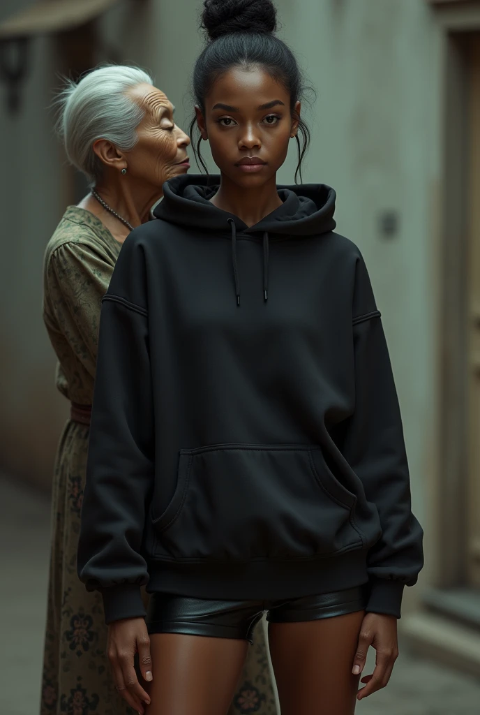 black woman hair in a bun black hoodie black leather short shorts a old grandma in a dress on her knees kissing her ass behind her