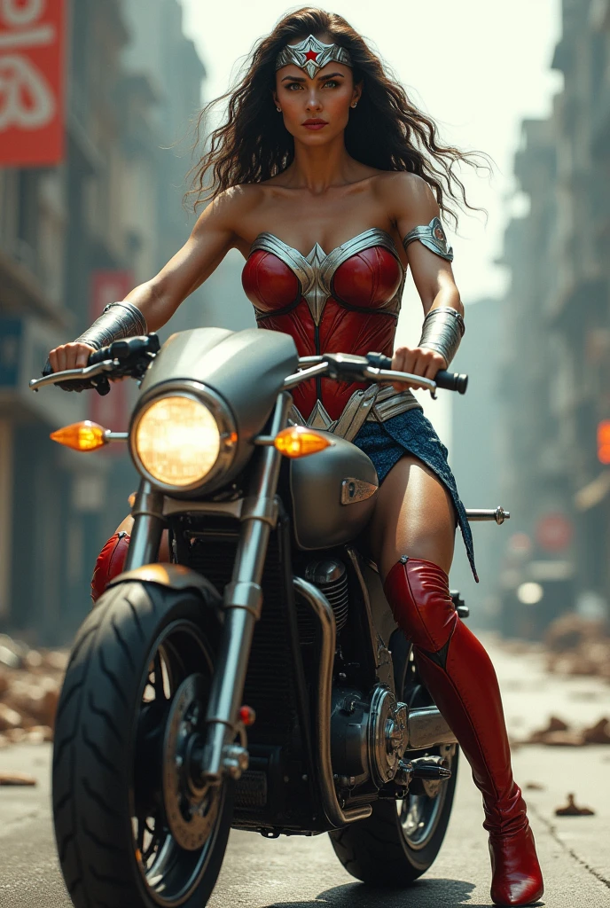 A beautiful woman Adriana Lima under the mantle of the Amazon warrior Wonder Woman red corset and navy blue pants with scales diaema in silver metal with a red star on her forehead long red boots up to her knees this beautiful woman is (((on a high-displacement futuristic motorcycle))) through the streets of an apocalyptic city