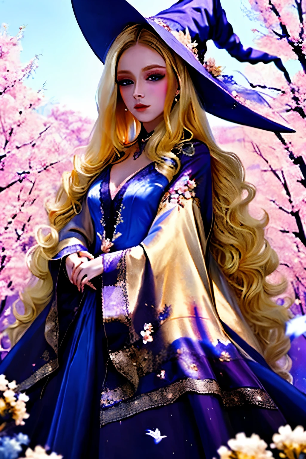 High-quality painting, masterpiece, witch, wearing shiny silk dress, short blonde cut, bobbed hair, blue eyes, landscape with many beautiful flowers to issue.