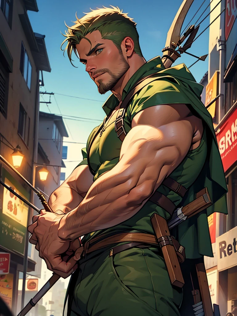 In movement ,in action , 8k, high quality , very well detailed face , detailed fingers ,detailed muscles, detailed background,  stephen amell as green arrow , wearing dark green outfit, showing a dark blond short hair WITH FADE AWAY , a well groomed facial hair , a bulge ,hunk and handsome, using his bow and arrow , aiming with his bow and arrow toward the ennemy,in action , jumping from roof to roof , in the air  , with the quiver on his back full of arrows, background cityscape at DAY LIGHT 