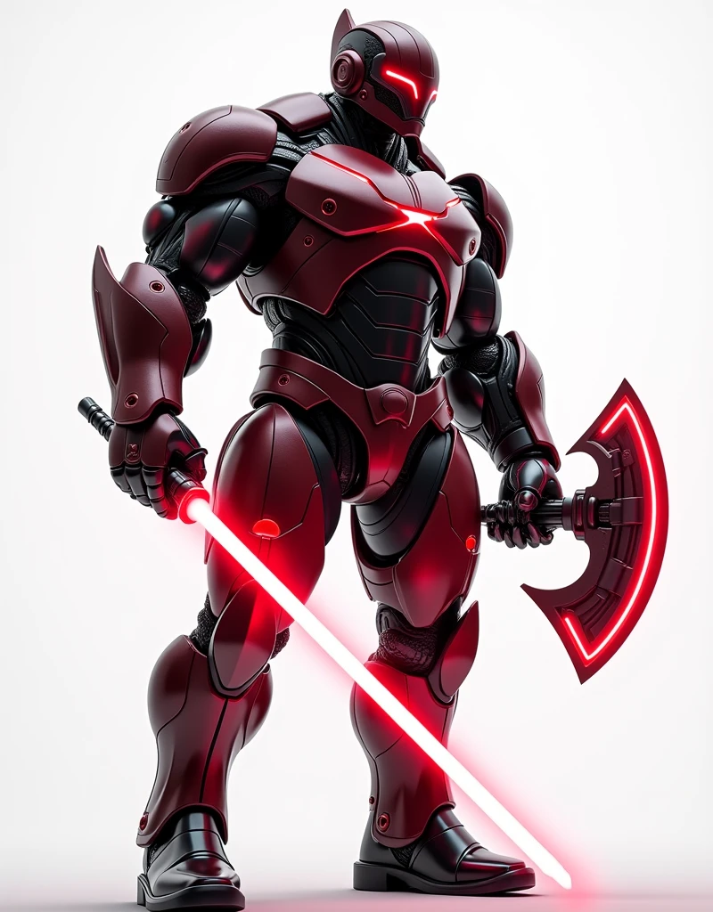 Generate a concept in AI,AI,Half Body,Mecha like Marvel's giant and massive Hulk full color shine darkred in the rust armor, cyberpunk hi tech helmet, Technology,Surreal, red neon laser axe like stawars lightsaber in right hand, and transparent red neon laser shield with light borders, in left hand, white background