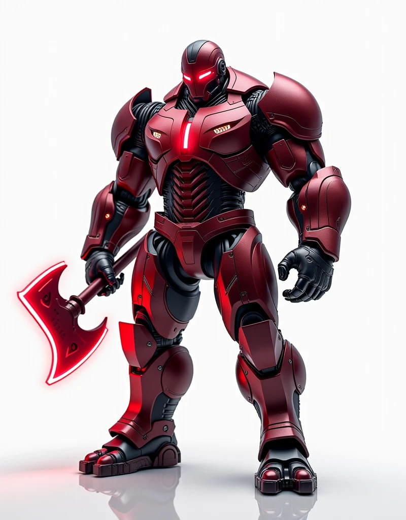 Generate a concept in AI，AI，Half Body，Mecha like Marvel's giant and massive Hulk full color shine darkred in the rust armor, cyberpunk hi tech helmet, Technology，Surreal, red neon laser axe like stawars lightsaber in right hand, and transparent red neon laser shield with light borders, in left hand, white background
