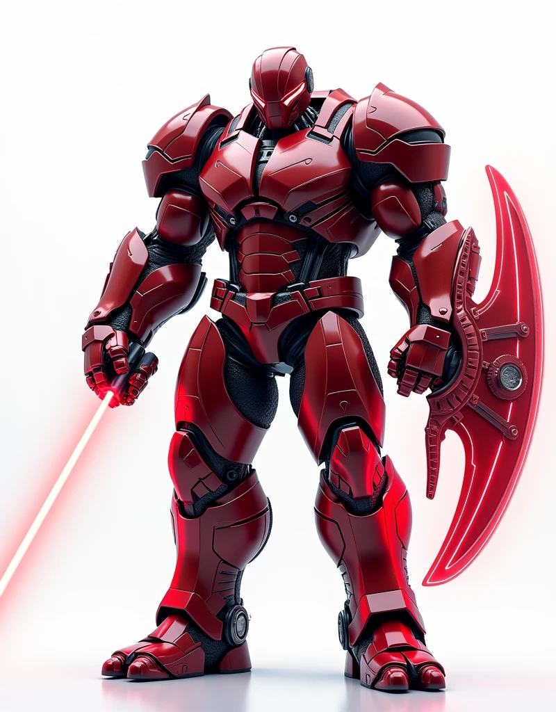 Generate a concept in AI,AI,Half Body,Mecha like Marvel's giant and massive Hulk full color shine darkred in the rust armor, cyberpunk hi tech helmet, Technology,Surreal, red neon laser axe like stawars lightsaber in right hand, and transparent red neon laser shield with light borders, in left hand, white background