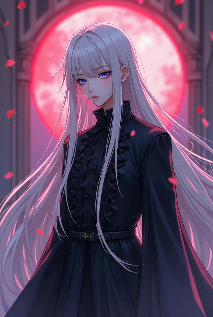 Make me an image with these characteristics for a character:
Genre: Male
Age: 90 years (youthful appearance of a ager).Species: vampire.Appearance: Long blonde hair reaching down to the back, transparent and slanted blue eyes, with an androgynous and thin appearance. Wear gothic dresses, typical of gothic lolityle, which are usually colors like pink and white or black and violet. Her clothes and androgynous shape allow her to camouflage herself easily..
Character: strong, spontaneous, elegant, fussy and stubborn. Despite his immortal nature, maintains a youthful attitude.
Serious anime style.