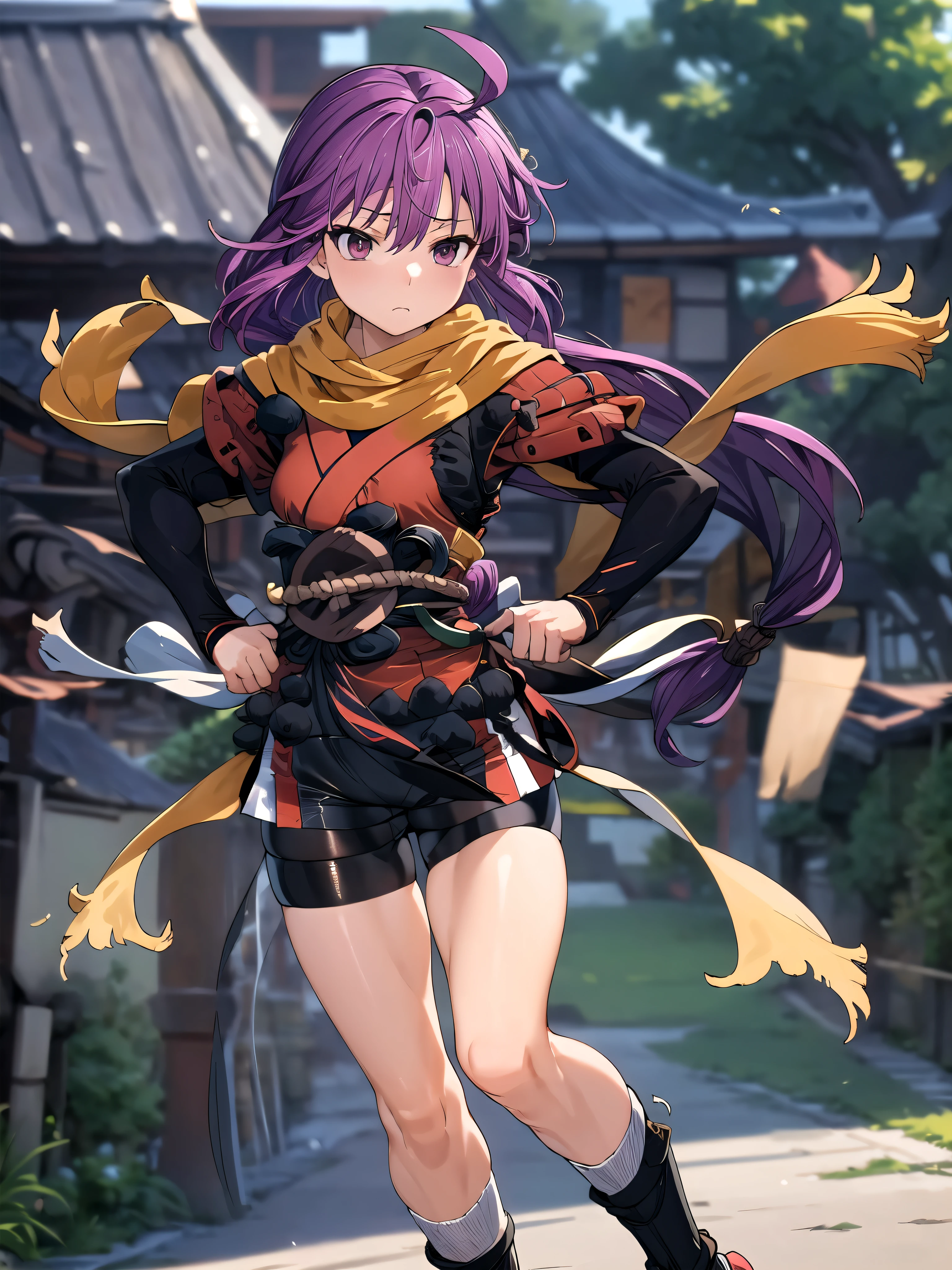 masterpiece, Highest quality, Perfect Face, Highest Resolution, Highest quality, 1 person, account statement, Long hair tied low, balck spats(Bike Shorts), scarf, Red kimono,  Combat Stance, Perfect Anatomy, Japanese Castle, village, field,