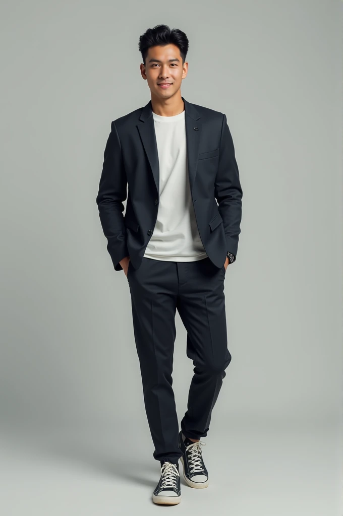A handsome Indonesian man with Clean face, very short black hair, the sides are faintly visible, wearing a cool casual suit, sports shoes, realistic hd
