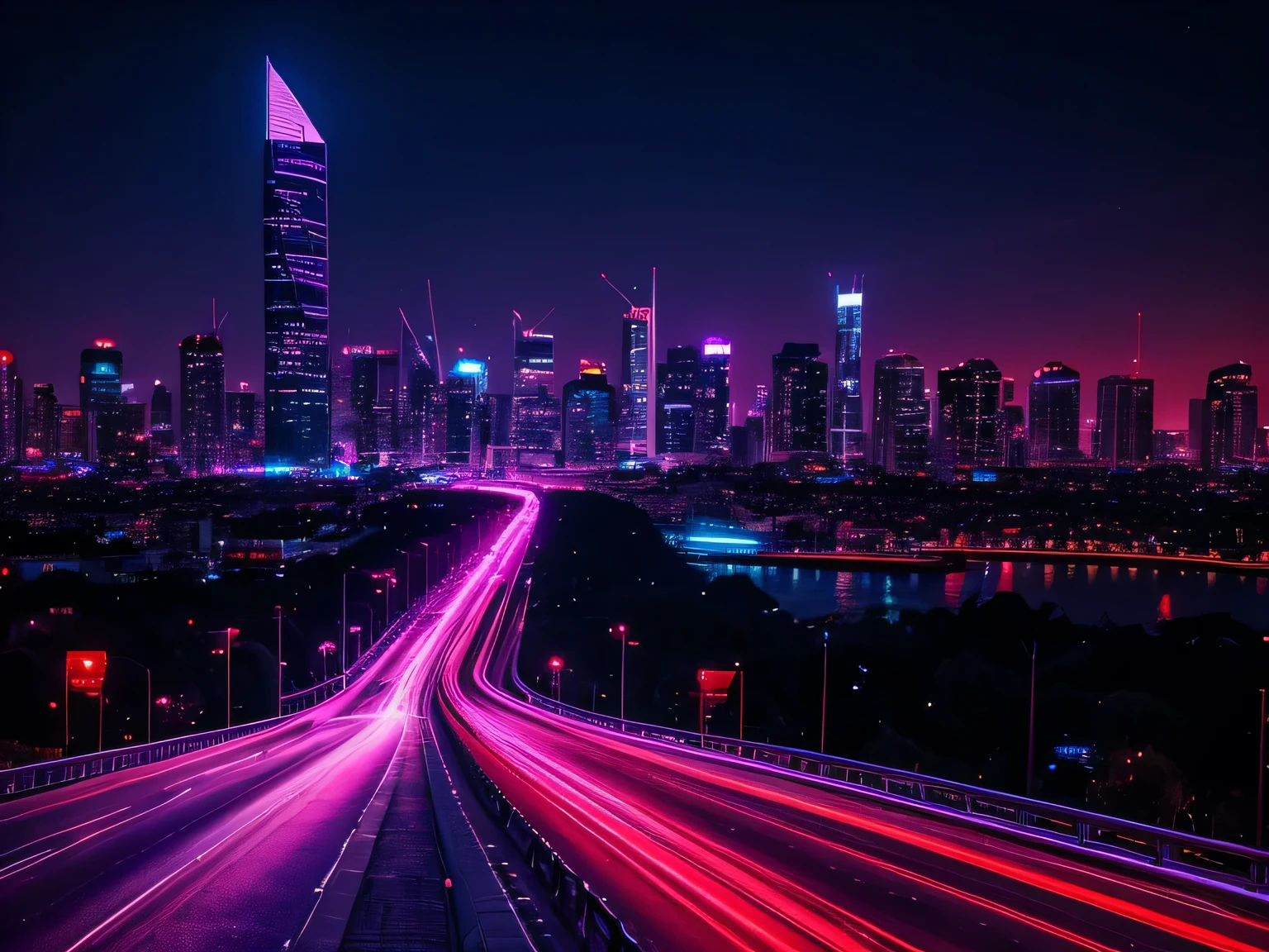 cyberpunk. city scape, city lights, purple hues, red hues, traffic, night. stars, ultra high resolution, 5k, high quality 