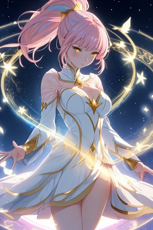 Adult woman, white and gold magical clothing, fluttering clothing, slender thighs, casting a spell, glowing magic circle, shining stars, pink hair, ponytail, blue light, gazing at you, yellow eyes