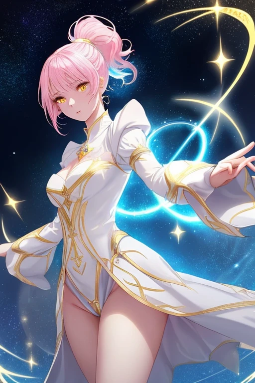 Adult woman, white and gold magical clothing, fluttering clothing, slender thighs, casting a spell, glowing magic circle, shining stars, pink hair, ponytail, blue light, gazing at you, yellow eyes